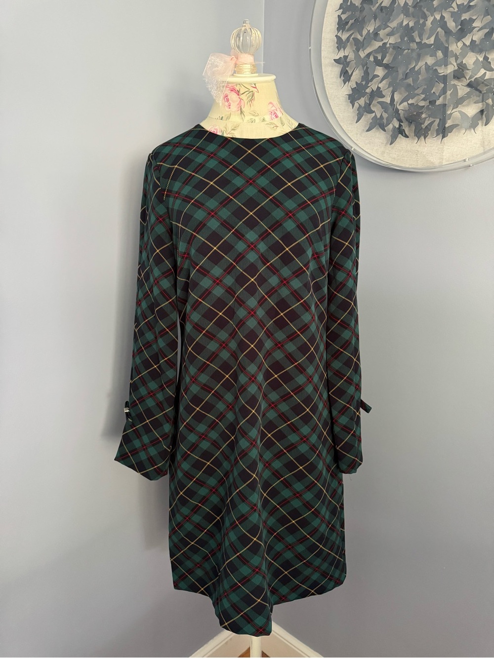 Tommy Hilfiger Green and Navy Plaid Long Sleeve Shift Dress